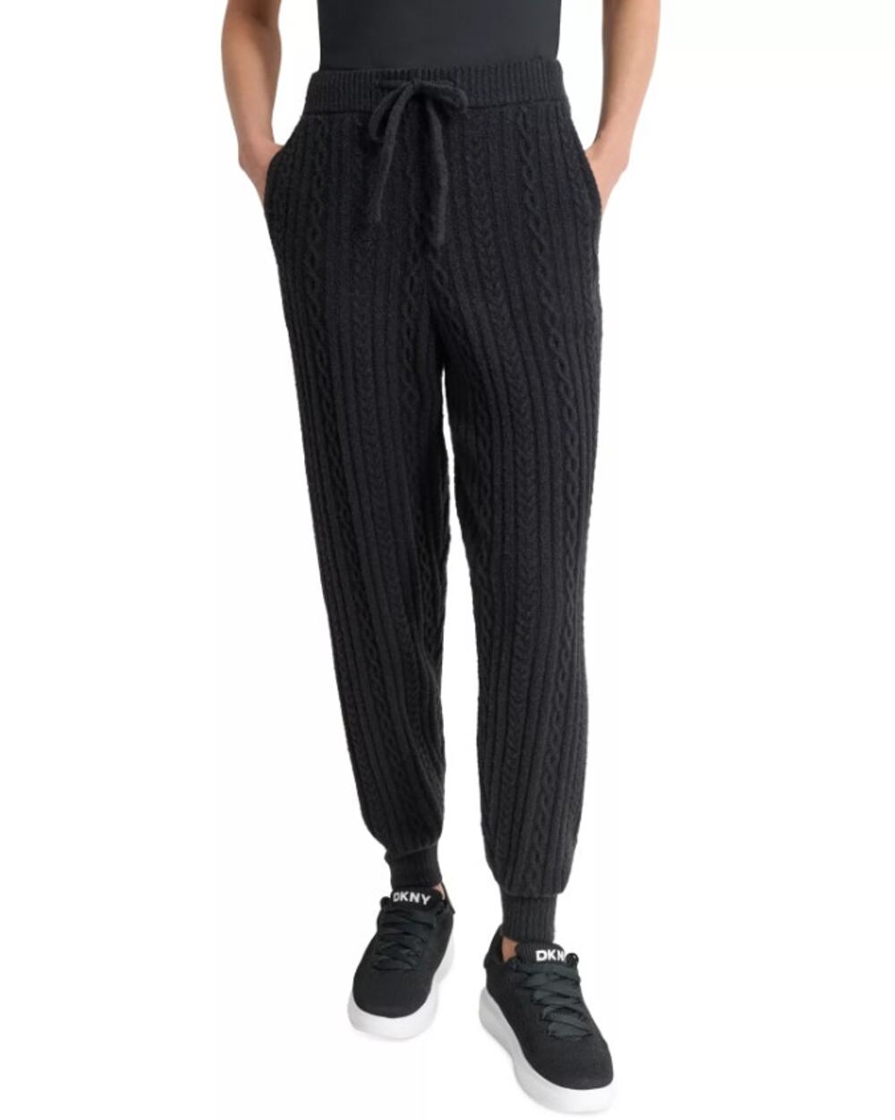 DKNY Womns Cozy Cable Sweater Knit Jogger Large Black Drawstring NWT